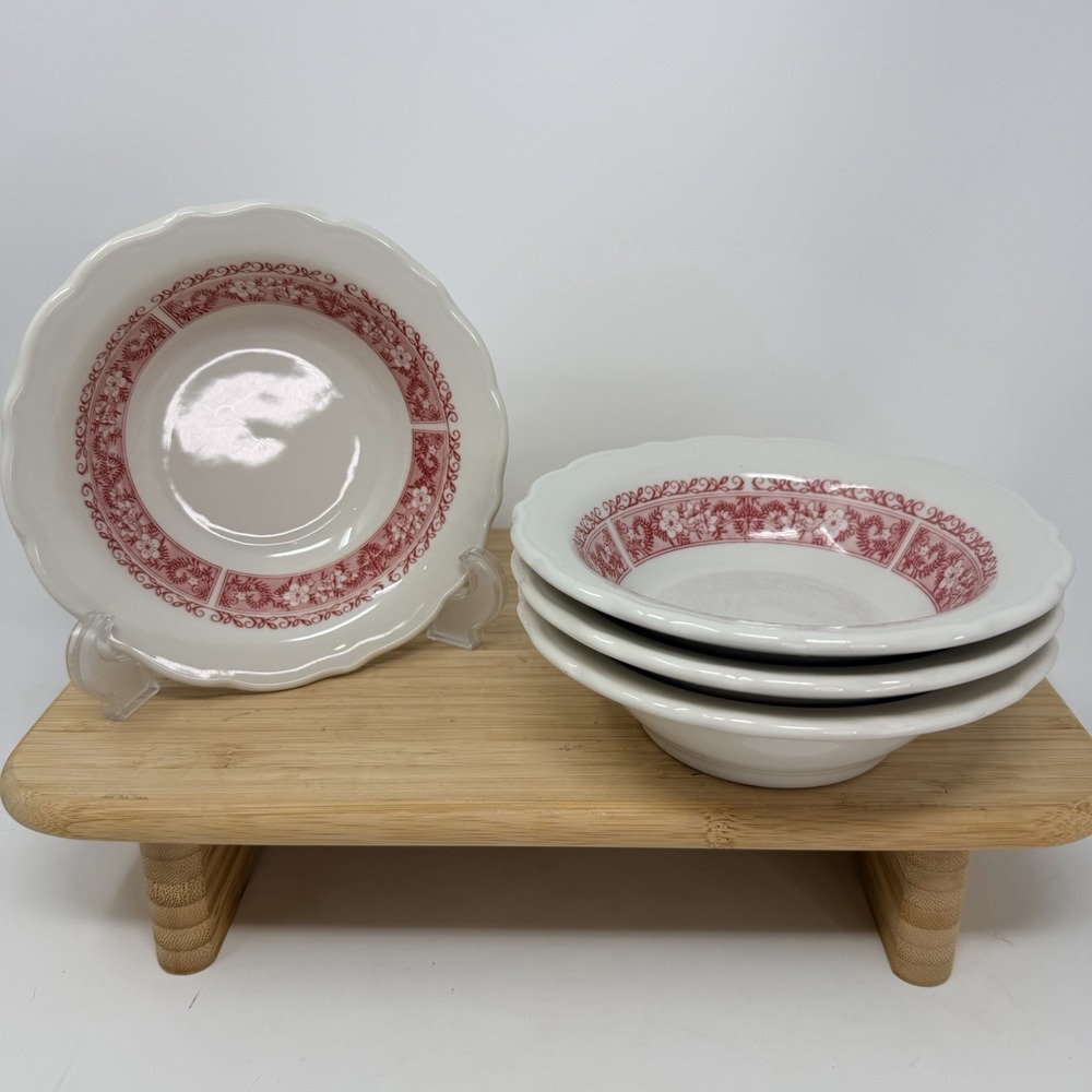 Syracuse China Strawberry Hill 4 Cereal Bowls 6.5" Pink‎ Floral Vintage 19-C USA